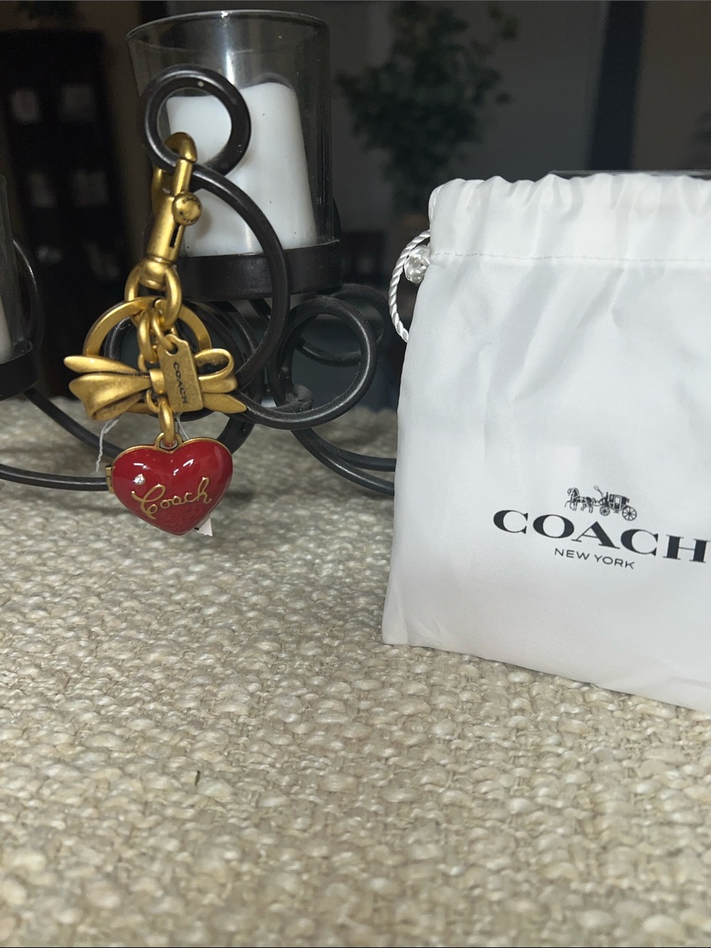 Coach Red Heart Charm Keychain with Gold Bow Accent NWT